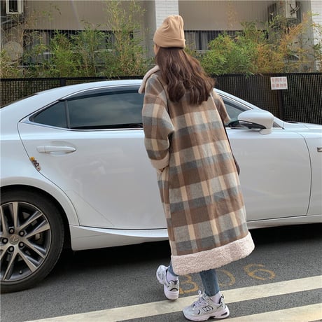 チェック柄 ボアコート ラムウール 韓国ファッション レディース コート 切り替え 折り襟 キルティング フロントボタン シングルブレスト 大人可愛い ガーリー DTC-630519392038