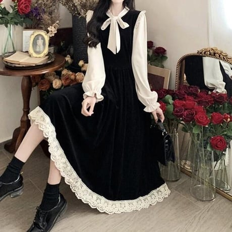 ワンピース リボン フリル パフスリーブ ボウタイ Aライン プリーツ ウエストマーク ロングワンピース ハイウエスト ロング丈 大人可愛い ガーリー フェミニン DTCA-732270351105