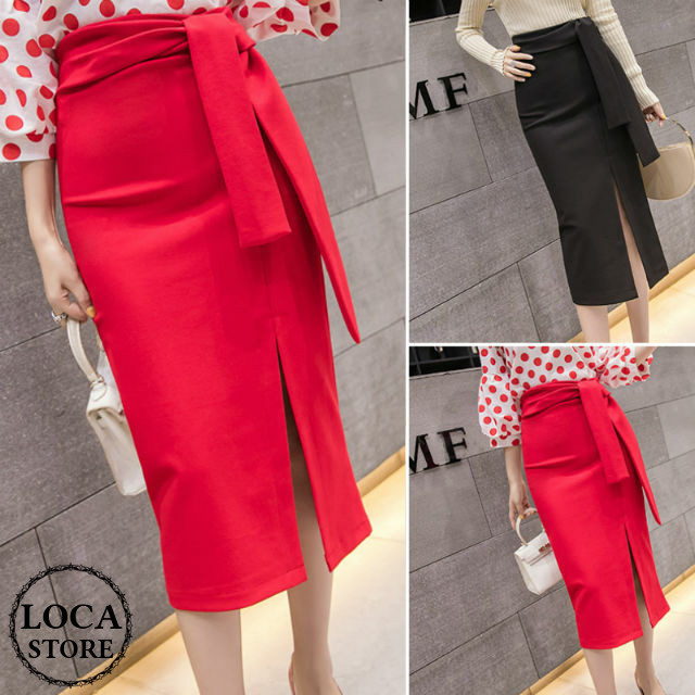 レディース ハイウエスト タイトスカート ウエストリボン 深めスリット  