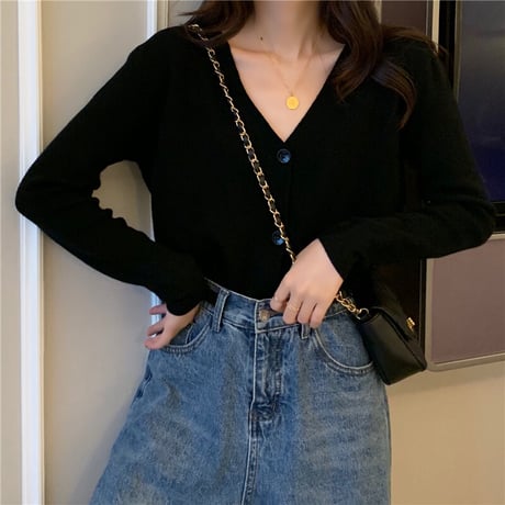 ニットカーディガン Vネック 薄手 シンプル トップス ショート丈 長袖 レトロ 韓国ファッション レディース 大人可愛い ガーリー カジュアル DTC-623854122742