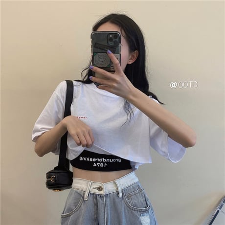 2点セット Tシャツ タンクトップ クロップド丈 レイヤード トップス 半袖 レトロ 韓国ファッション レディース 大人可愛い ガーリー Y2Kファッション DTC-a643576976192