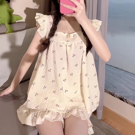 ルームウェア セットアップ 上下セット フリル さくらんぼ柄 スクエアネック ショートパンツ ウエストゴム パジャマ フェミニン 韓国ファッション レディース DTC-675611783070_2