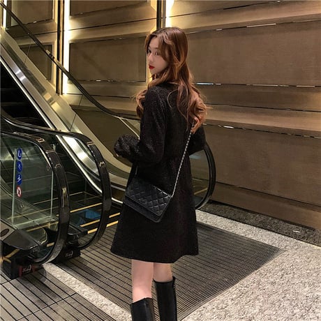 Vネック ワンピース 韓国ファッション レディース Aライン ハイウエスト ランタンスリーブ 長袖 シンプル レトロ ガーリー (DTC-608414377973)