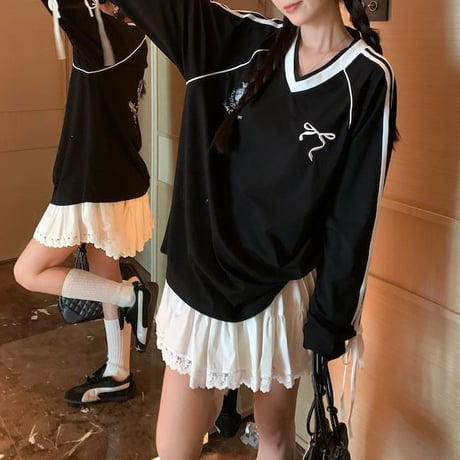 ユニフォーム風 トップス サイドライン リボン プルオーバー ロンT tシャツ Vネック オーバーサイズ ルーズ 長袖 レトロ 大人可愛い ガーリー カジュアル DTCA-839618355803