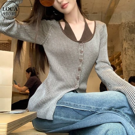 フェイクレイヤード ニット トップス ホルターネック 前ボタン リブニット 配色 スリムフィット 長袖 レトロ 大人可愛い ガーリー DTCA-756917969617