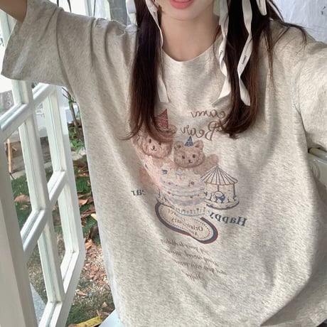 Tシャツ 半袖 クマちゃんプリント かわいい トップス クルーネック オーバーサイズ 半袖Tシャツ ルーズ ゆったり カジュアル 韓国ファッション レディース DTC-706291049823