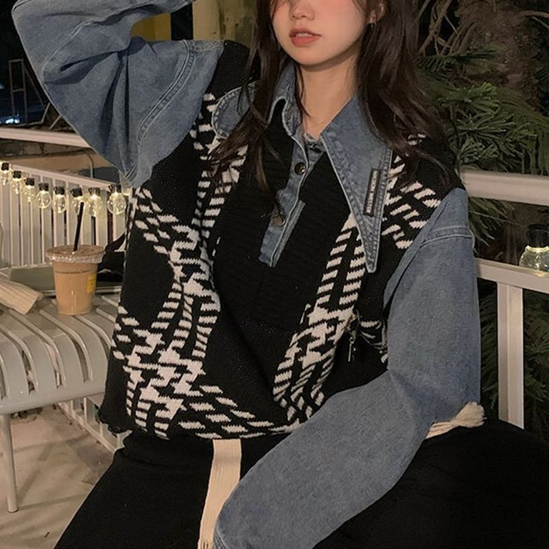 ドッキングトップス フェイクレイヤード デニムシャツ ニットベスト