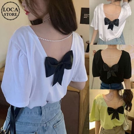 バックリボン Tシャツ 背中魅せ バックデザイン イミテーションパール 半袖 韓国ファッション レディース トップス リボン 肌魅せ 薄手 大人可愛い ガーリー DTC-641465921361