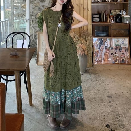 2点セット エスニックスタイル ロングニットベスト サマーニット 花柄 チェック柄 ロングスカート レイヤード レトロ 大人可愛い ガーリー DTC-782922339841