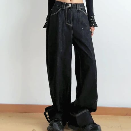 デニムパンツ 裾ボタン ボトムス ジーンズ ハイウエスト デニム ワイドパンツ ルーズ パンツ ズボン レトロ 大人可愛い ガーリー カジュアル DTCA-838887191413