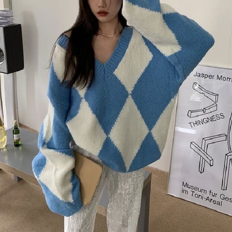 ダイヤ柄 ニット ニットセーター プルオーバー Vネック 長袖 ルーズ ゆったり レトロ 韓国ファッション レディース 大人可愛い ガーリー DTC-655919132061