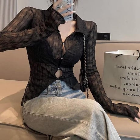 シアーブラウス クロップド丈 ショート丈 スリムフィット シアーカーディガン 不規則 トップス スリムトップス uvカット 薄手 長袖 レトロ 大人可愛い ガーリー DTCA-713047253736
