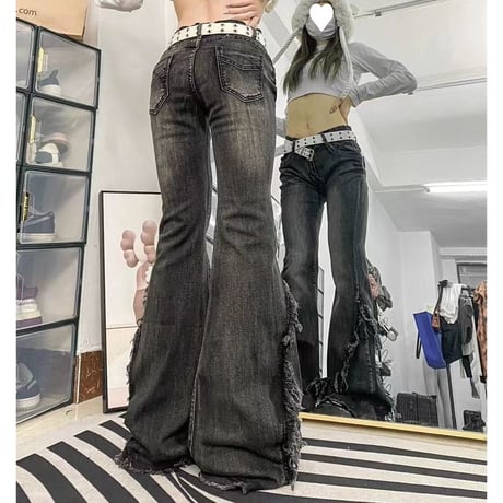 デニムパンツ ヴィンテージ風 フリンジ フレア デニム ダメージ ジーンズ ローライズ 美脚 レトロ 大人可愛い ガーリー カジュアル DTCA-749024523496