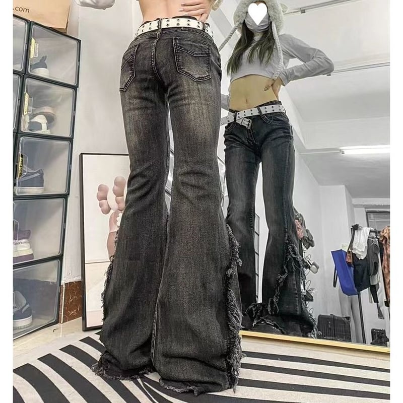 デニムパンツ ヴィンテージ風 フリンジ フレア デニム ダメージ