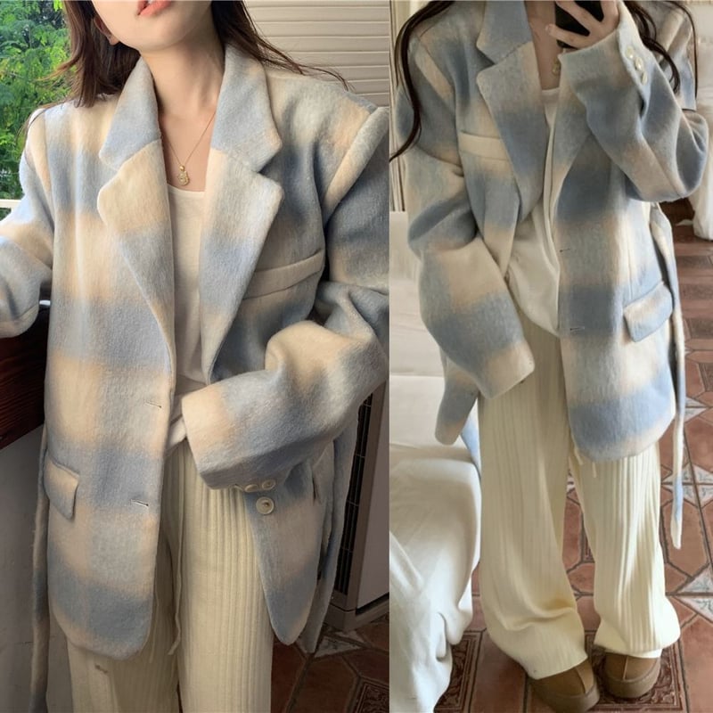 チェック柄 ショートコート フェイクウール ウールコート