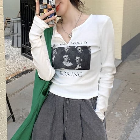 【3カラー】 Tシャツ 長袖 キーネック ショート丈 ロンT カットソー レトロ 韓国ファッション レディース 大人可愛い ガーリー カジュアル DTC-666641340557