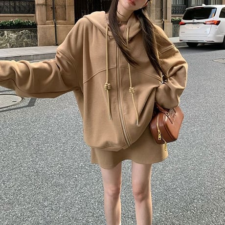 セットアップ 上下セット スウェット ジップアップ パーカー ミニスカート 長袖 オーバーサイズ ルーズ レトロ 大人可愛い ガーリー スポーティー カジュアル DTC-740365490942