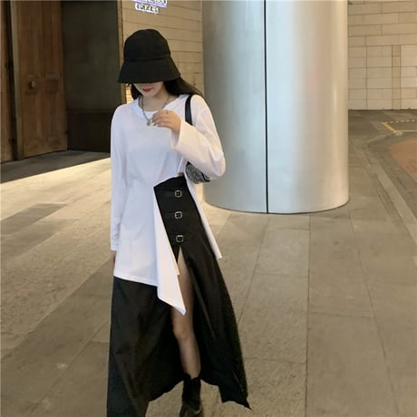 2点セット 不規則 Tシャツ 長袖 ＋ ロングスカート スリット バックル 韓国ファッション レディース セットアップ Tシャツ スカート 大人可愛い ガーリー DTC-626234293153