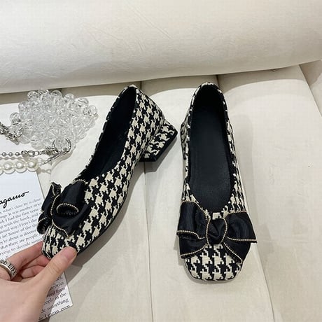 パンプス リボン 22.5～24.5cm ローヒール 無地 千鳥格子 ブロックチェック柄 スクエアトゥ 歩きやすい 疲れない 美脚 韓国ファッション レディース DTC-667471065802