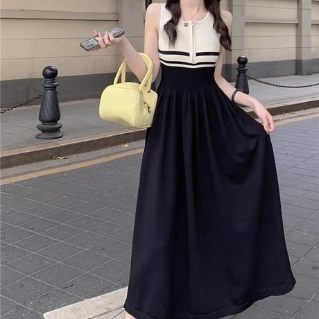 ニットワンピース ノースリーブ ファスナー サマーニット スリムフィット Aライン ロングワンピース ハイウエスト レトロ 大人可愛い ガーリー DTCA-823649264982