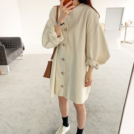 韓国ファッション レディース ワンピース コート ノーカラー 袖ボリューム バルーン フロントボタン ベージュ アウター 大人カジュアル 韓国 (DTC-600671374638)