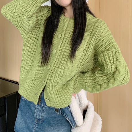 【4カラー】 ニットカーディガン ケーブル編み ショート丈 ルーズ ニット トップス 長袖 レトロ 韓国ファッション レディース 大人可愛い ガーリー DTC-686921734623
