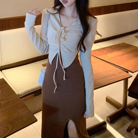 フェイクレイヤード ワンピース ドッキングワンピース 襟付き ハイウエスト スリット ロング丈 Aライン レトロ 韓国ファッション レディース 大人可愛い ガーリー DTC-703963287461