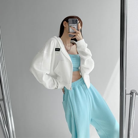 ジップアップ パーカー ショート丈 薄手 トップス ワッフル フーディー ロゴ ルーズ 長袖 レトロ 大人可愛い ガーリー カジュアル DTCA-687492803000
