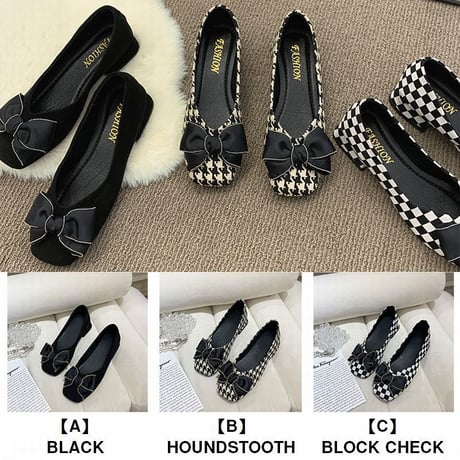 パンプス リボン 22.5～24.5cm ローヒール 無地 千鳥格子 ブロックチェック柄 スクエアトゥ 歩きやすい 疲れない 美脚 韓国ファッション レディース DTC-667471065802