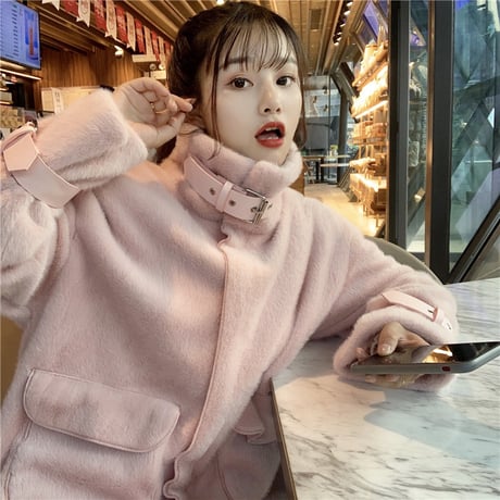 ファーブルゾン アウター 韓国ファッション レディース ジャケット ブルゾン ラビットファー ジッパー 無地 立て襟 ベルト ガーリー 秋 冬 (DTC-605214861015)