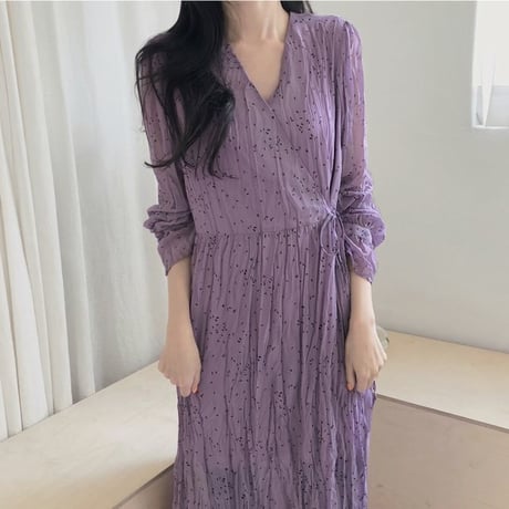 レディース ドット柄 ロングワンピース 無地 ヴィンテージ風 Vネック 韓国ファッション オルチャン (DCT-584813222187)