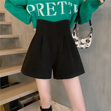 ショートパンツ ウール調 ハイウエスト ワイドパンツ ワイドレッグパンツ レトロ 韓国ファッション レディース 大人可愛い ガーリー カジュアル DTC-659111554810