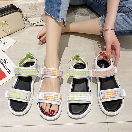 スポーツサンダル 反射板 スポサン 2cm ベルト マジックテープ 韓国ファッション レディース サンダル フラットサンダル かわいい 歩きやすい 616993672292