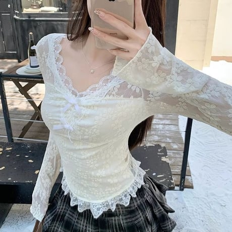 レース トップス Vネック リボン ロンT 薄手 tシャツ スリムフィット 長袖 レトロ 大人可愛い ガーリー フェミニン DTCA-883511135155