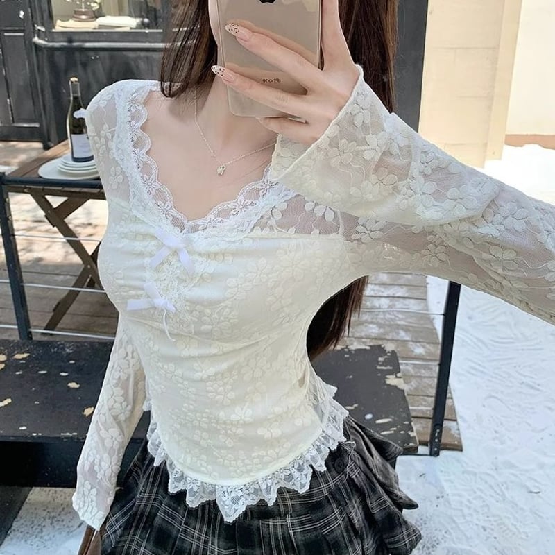 レース トップス Vネック リボン ロンT 薄手 tシャツ スリムフィット