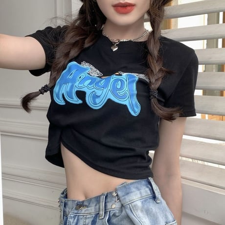 【2カラー】 Tシャツ 半袖 クロップド丈 天使の羽 Angel 大人可愛い ガーリー 韓国ファッション レディース カジュアル 韓国ストリートファッション DTC-666640912310