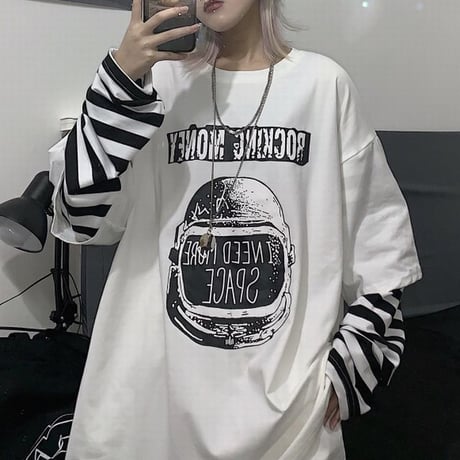 フェイクレイヤード ドッキングトップス tシャツ ロンT ボーダー柄 長袖 レトロ 韓国ファッション レディース 大人可愛い ガーリー カジュアル ストリート系 DTC-662523104463