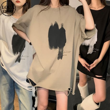 Tシャツ クラッシュ加工 オーバーサイズ ルーズ ダメージ加工 半袖 大人可愛い ガーリー カジュアル 韓国ファッション レディース 韓国ストリートファッション DTCA-671002996446