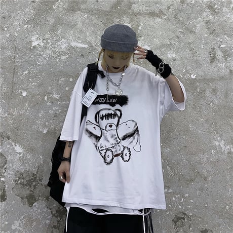 ユニセックス Tシャツ 半袖 ドロップショルダー ダーティーベア オーバーサイズ 韓国ファッション メンズ レディース トップス 暗黒系 ストリートファッション DTC-621077252226