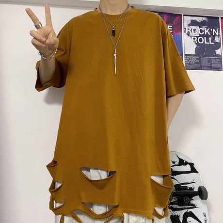 ユニセックス tシャツ ダメージ加工 半袖 オーバーサイズ カジュアル 韓国ファッション メンズ レディース ストリートファッション DTC-618883841543