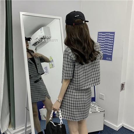 セットアップ チェック柄 ジャケット ＋ スカート 韓国ファッション レディース セット ギンガムチェック 半袖 ハイウエスト 大人可愛い ガーリー DTC-622804335860
