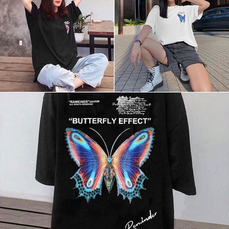 【2カラー】 ユニセックス Tシャツ 半袖 バタフライ 蝶 オーバーサイズ 大きめ カジュアル 韓国ファッション メンズ レディース 韓国ストリートファッション DTC-616202082800
