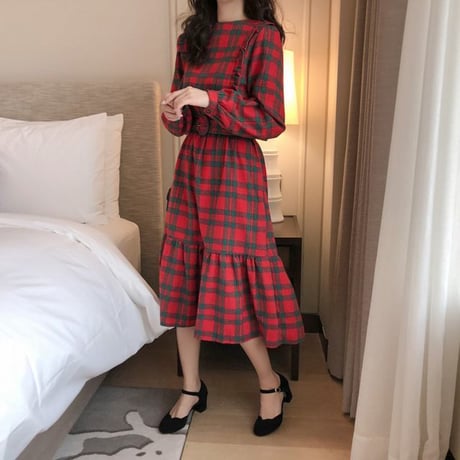 レディース チェック柄 ベルト付き ワンピース 長袖 ロングワンピース ラウンドネック 韓国ファッション オルチャン (DCT-583858540536)