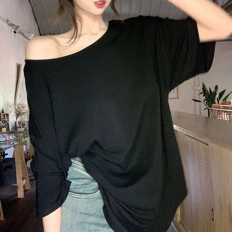 オープンバック Tシャツ 背中開き ドロップショルダー トップス ルーズ レトロ 韓国ファッション レディース 大人可愛い ガーリー DTC-801420565434