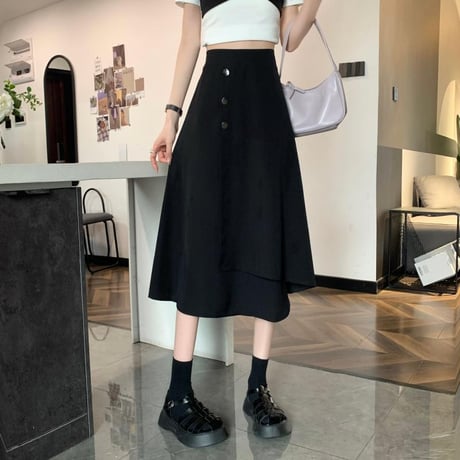 ロングスカート 不規則デザイン アシンメトリー アシメ スカート フロントボタン ハイウエスト レトロ 韓国ファッション レディース 大人可愛い ガーリー DTC-676469685119