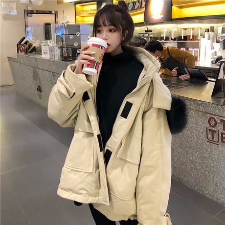 ファーブルゾン ダウンジャケット 韓国ファッション レディース ルーズ ジャンパー ゆったり ファーフード 体型カバー 大人カジュアル 韓国 (DTC-606322579577)