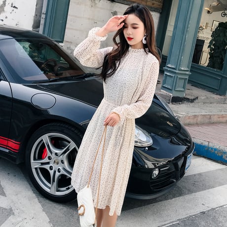 ワンピース ドット柄 プリーツスカート パフスリーブ Aライン 長袖 韓国ファッション レディース 春 秋 レトロ DTC-583615379700