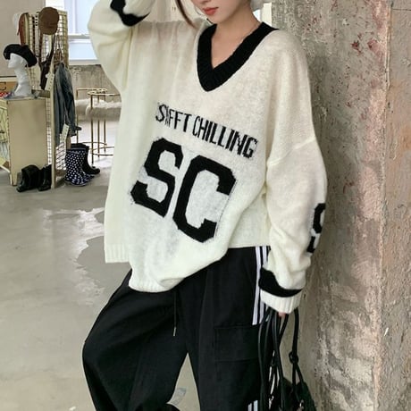 ニット トップス Vネック オーバーサイズ ドロップショルダー ルーズ 長袖 レトロ 韓国ファッション レディース 大人可愛い ガーリー スポーツミックス DTC-824100434464