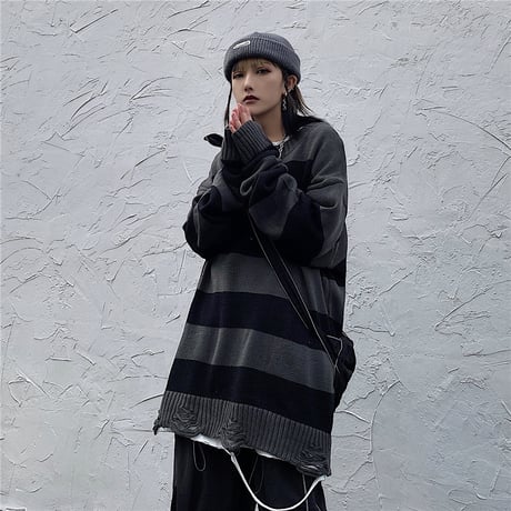ユニセックス ダメージ加工 ボーダーニット ドロップショルダー 韓国ファッション メンズ レディース セーター オーバーサイズ ビター系 ストリート系 モード系 DTC-630622135755