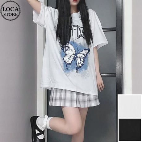 【2カラー】 ユニセックス Tシャツ 半袖 バタフライプリント オーバーサイズ カジュアル 韓国ファッション メンズ レディース 韓国ストリートファッション DTC-622436654182